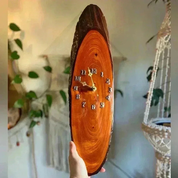 Vintage Mid Century Modern Lacquered Wooden Wall Clock | Rustic Boho Wood Decor - Picture 4 of 10